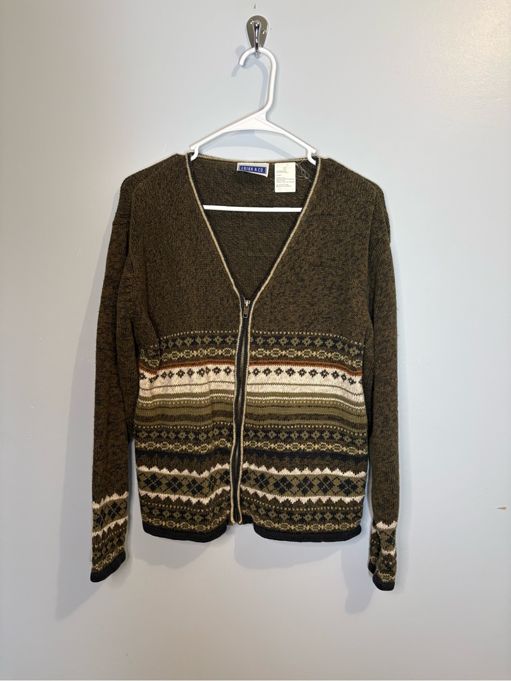 Vintage Erika & Co Women Large Olive Green Zip-Front Fair Isle Sweater Cardiga